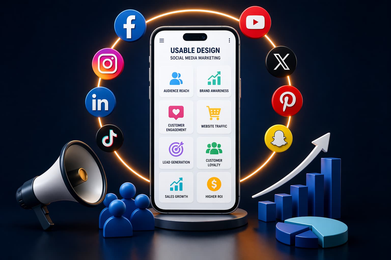Social media marketing and Meta ads strategy visual showing audience targeting, engagement, brand growth and ROI for businesses| Scalarthi