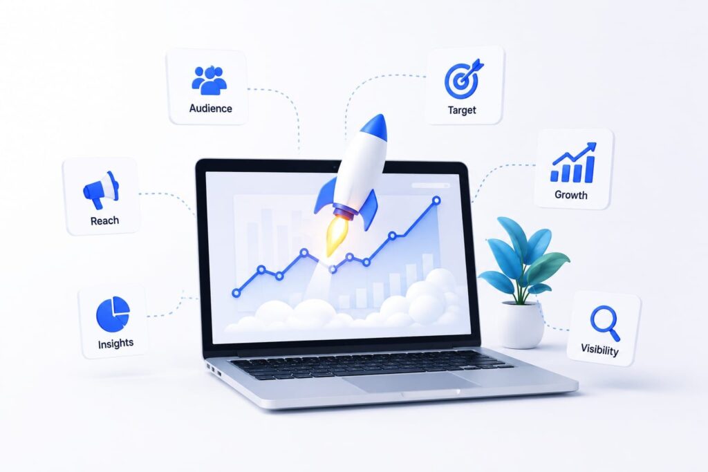 Digital marketing infographic showing online visibility, leads, and ROI growth for businesses